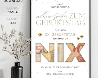 Geldgeschenk "NIX" zum Geburtstag Vorlage zum Selbstausdrucken, Kreative Geschenkidee "Du wolltest doch NIX", Last Minute Geschenk