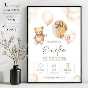 Cash gift for birth template for self-printing, creative gift idea for birth, last minute gift instant download