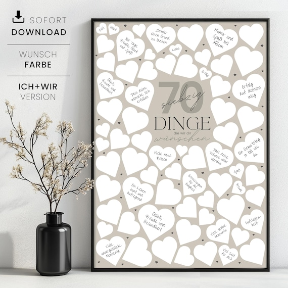 70 Dinge, die wir dir wünschen, 70 Wünsche zum Geburtstag Poster zum Ausdrucken, personalisierbares Geschenk zum 70. Geburtstag, Download