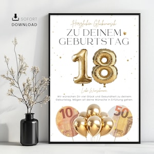 Geldgeschenk zum 18. Geburtstag zum Selbstausdrucken, Kreative Geschenkidee zum Geburtstag, Sofortdownload