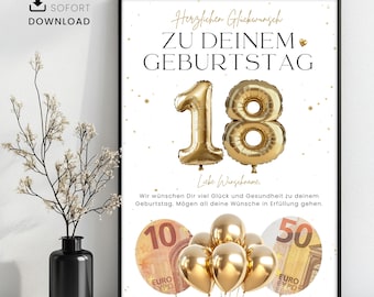 Geldgeschenk zum 18. Geburtstag zum Selbstausdrucken, Kreative Geschenkidee zum Geburtstag, Sofortdownload