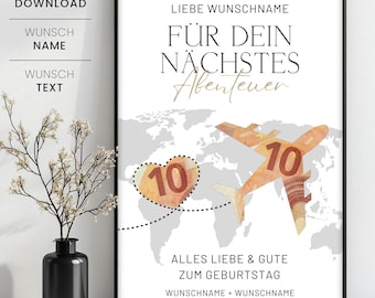 Geldgeschenk Reise, für dein nächstes Abenteuer, personalisiertes Geldgeschenk für Reise, Reisegutschein, Sofortdownload