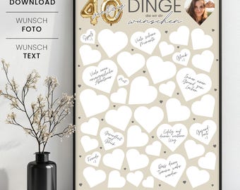 40 Dinge, die wir dir wünschen, personalisierbares Geschenk zum 40. Geburtstag, Gästeposter zum 40. Geburtstag, Sofortdownload