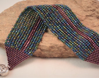 Sea Breeze Slinky Beadwoven Luxe Cuff Bracelet in Blue, Green and Burgundy