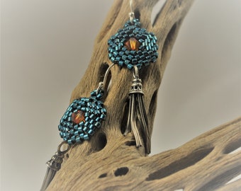 Hexagonal Circle Beadwoven Peyote Sterling Tassel Earrings