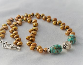 Sand and Sea Necklace Gold and Turquoise Top Drilled Pearls and Lampwork and Sterling Silver