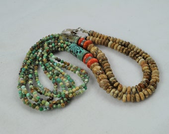 Long Southwestern Turquoise, Jasper and Coral Necklace