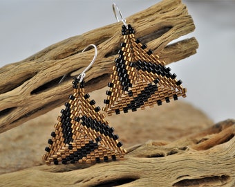 Black and Gold Triangle Earrings Beadwoven Geometric Modern Bold
