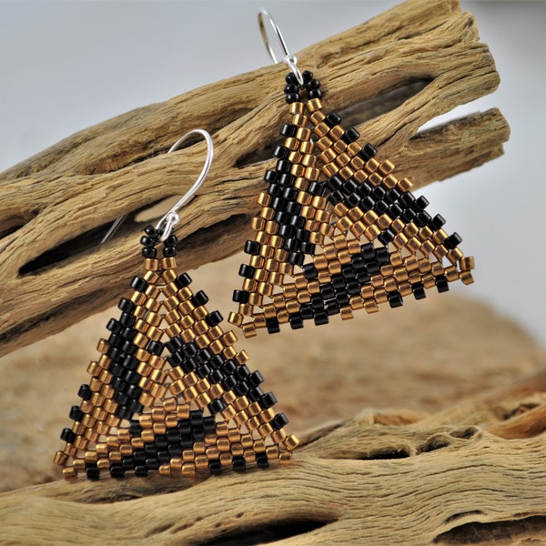 Black and Gold Triangle Earrings Beadwoven Geometric Modern Bold