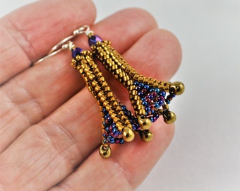 Beadwoven Trumpet Flower Earrings in Metallic Blue and Bronze