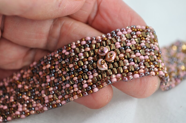 Pink Brown Cobblestone Path Bracelet Band Cuff With Bronze Button and Keishi Pearls