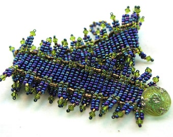 Fringy Sea Greens and Blues Beadwoven Luxe Cuff with Vintage Czech Glass Button