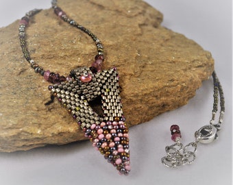 Beadwoven Triangle Pendant Necklace With Sterling Silver and Tourmaline