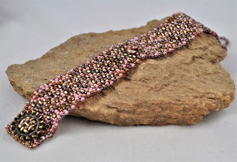 Pink Brown Cobblestone Path Bracelet Band Cuff With Bronze Button and Keishi Pearls