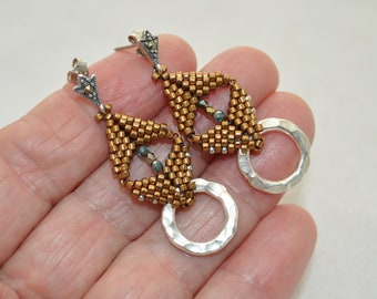 Desert Oasis Bronze Aqua Hammered Sterling Silver Ring Beadwoven Earrings