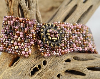 Pink Brown Cobblestone Path Bracelet Band Cuff With Bronze Button and Keishi Pearls