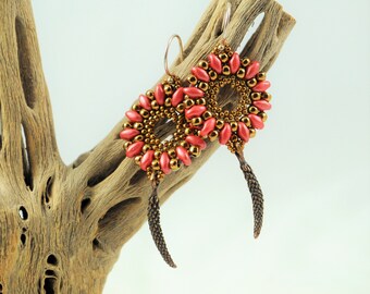 Beadwoven Coral and Bronze Circle Earrings with Seed Pod Dangles