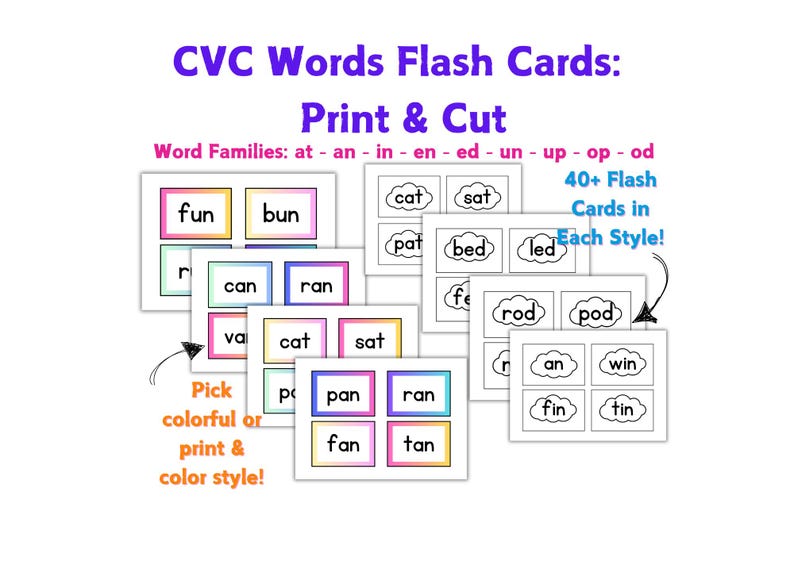 40+ CVC Words Flash Cards! Print & Cut Word Family Flash Cards for ...