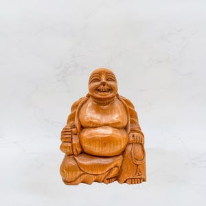 Vintage Hand-Carved Wooden Happy Buddha Figure I Lucky Buddha Sculpture I Feng Shui Decor I Unique Wooden Art I Antique Handcrafted Statue