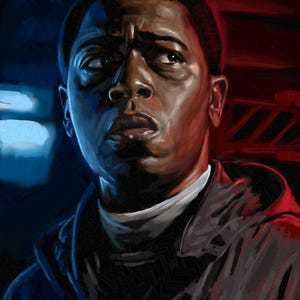 Puede incluir: Una pintura digital de una persona de piel oscura, que lleva una chaqueta oscura con capucha sobre una camisa blanca. El rostro está iluminado por una luz azul y roja contrastante, creando sombras profundas y reflejos marcados.