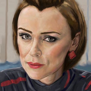 May include: A digital portrait of a person with short brown hair styled in a pompadour, wearing a dark charcoal shirt with thin red horizontal stripes and a single square red earring on the visible earlobe, featuring a neutral facial expression.