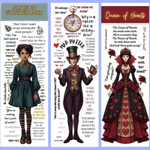 Può includere: Set di tre segnalibri illustrati con personaggi e citazioni di "Alice nel Paese delle Meraviglie". I segnalibri raffigurano Alice, il Cappellaio Matto e la Regina di Cuori, con citazioni e disegni a tema.