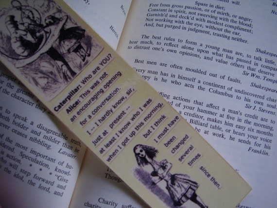 Alice in Wonderland bookmarks party favors set of six laminated silk ribbons