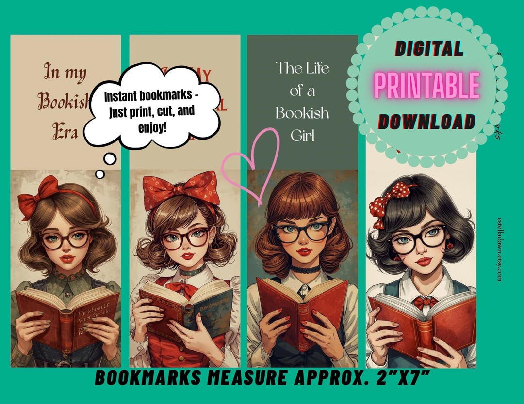 Book Girl Printable Bookmarks - Digital Download - Set of 4 - Etsy