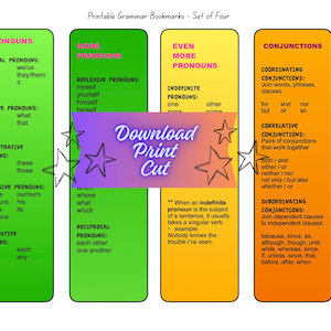 May include: Set of four printable grammar bookmarks. The bookmarks are rectangular with rounded corners and feature different grammar topics. The colors are green, yellow, and orange. The text includes pronouns and conjunctions. The dimensions are 2" x 7".