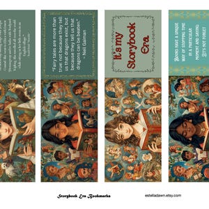 Pode incluir: Quatro marcadores de livros retangulares com ilustrações de mulheres lendo livros. Cada marcador de livros apresenta uma citação diferente e um design exclusivo. O texto "It's my Storybook Era" está em um marcador de livros. Os marcadores de livros são uma mistura de cores verde-azulado, marrom e creme.