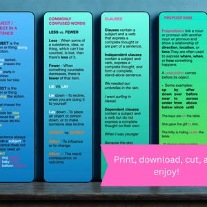 May include: Educational grammar posters with blue and green backgrounds. The posters cover subjects like sentence structure, commonly confused words, clauses, and prepositions. Text on the bottom reads "Print, download, cut, and enjoy!"