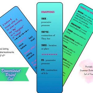 May include: Set of four printable grammar bookmarks. The bookmarks are blue, green, and teal with text about homophones, parts of speech, and the "I before E" rule. Each bookmark is 2 inches wide and 7 inches long.