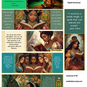 Peut inclure: Téléchargement numérique de marque-pages Princess Era, avec des illustrations de femmes lisant, avec des citations d'auteurs comme Roald Dahl et Jane Austen. Chaque marque-page mesure 5.08cm x 15.24cm et inclut l'URL de la boutique Etsy.