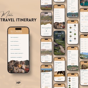 Può includere: Lo schermo di un telefono cellulare che mostra un itinerario di viaggio per lo Sri Lanka. L'itinerario include un sommario, una panoramica del viaggio, i dettagli del volo, un programma giornaliero, gli indirizzi degli hotel, i contatti dell'agenzia di viaggi e i numeri di emergenza. Lo schermo mostra anche immagini di vari luoghi dello Sri Lanka, tra cui Udawalawe, Negombo, Tangalle, Ella, il Parco Nazionale di Wilpattu e Kandy.