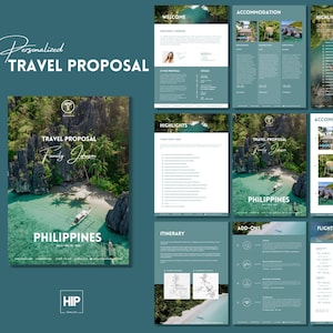 May include: A travel proposal brochure for a family trip to the Philippines. The cover features a scenic aerial view of a tropical island with turquoise water, lush green vegetation, and a white sandy beach. The brochure includes sections for welcome, highlights, accommodation, itinerary, add-ons, and flight.