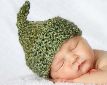 Baby Elf Hat for Newborn in Green Yarn  Photography Prop