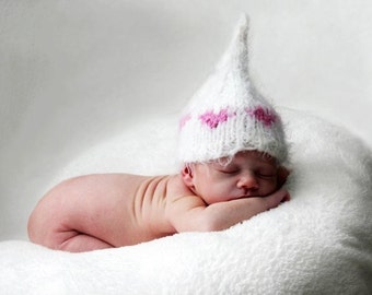 VALENTINE BABY HAT - Hand Knit Hat Kiss Elf or Beanie Hat for Newborn, White with Red or Pink Hearts,  Photography Prop