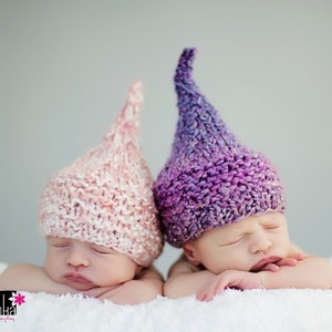 Hand Knit Kiss Elf Hat for Newborn Baby, Raspberry Pink and White or Purple Yarn, Photography Prop image 1