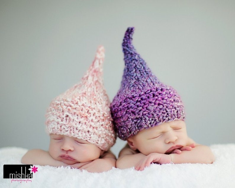 Hand Knit Kiss Elf Hat for Newborn Baby, Raspberry Pink and White or Purple Yarn, Photography Prop image 1