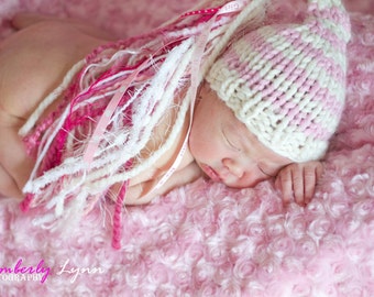 Knit VALENTINE GIRL HAT - Free Shipping - Bulky Hand Knit Hat for Baby - Pink and Ivory Stripe  It's a Girl Photography Prop