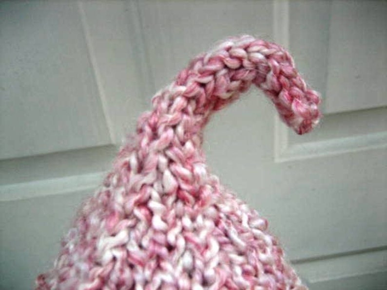 Hand Knit Kiss Elf Hat for Newborn Baby, Raspberry Pink and White or Purple Yarn, Photography Prop image 5