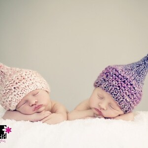 Hand Knit Kiss Elf Hat for Newborn Baby, Raspberry Pink and White or Purple Yarn, Photography Prop image 2