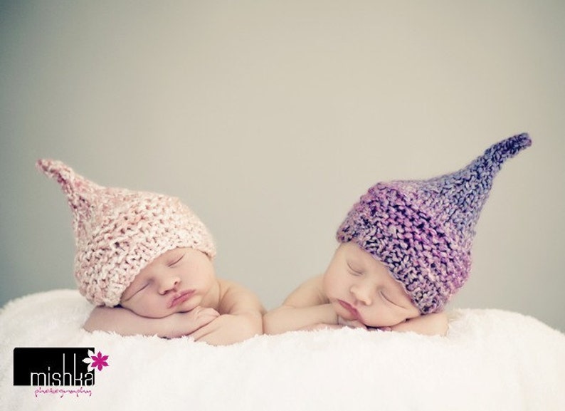 Hand Knit Kiss Elf Hat for Newborn Baby, Raspberry Pink and White or Purple Yarn, Photography Prop image 2