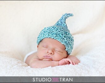 Free Shipping - KNIT HAT BABY - Premie to Toddler - Elf Hat Infant Pixie Hat, Blue Yarn, Photography Prop