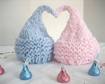 PREMIE or INFANT HAT - Hand Knit Kiss Hat for Baby, Coming Home from the Hospital, Pink or Blue Shimmer Yarn, Photography Prop