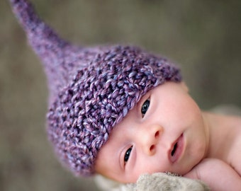 Free Shipping - Knitted BABY GIRL HAT - Elf Hat for Baby, Purple Yarn, Photography Prop
