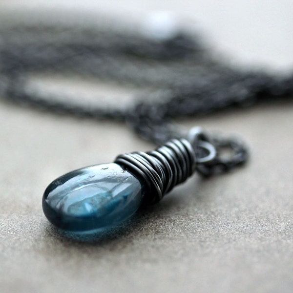 Teal Kyanite Gemstone Necklace, Deep Teal Ocean Blue Green Kyanite Stone Oxidized Sterling Silver Necklace - Aquarium