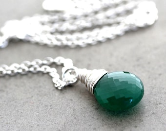 Green Onyx Necklace, Emerald Forest Green Gemstone Bright Sterling Silver Wire Wrapped Necklace - Pine