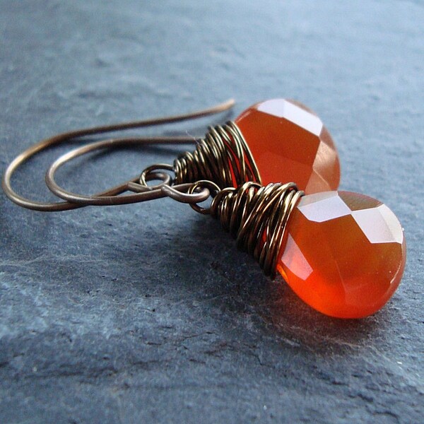 Pumpkin Carnelians on Antiqued Brass Earrings