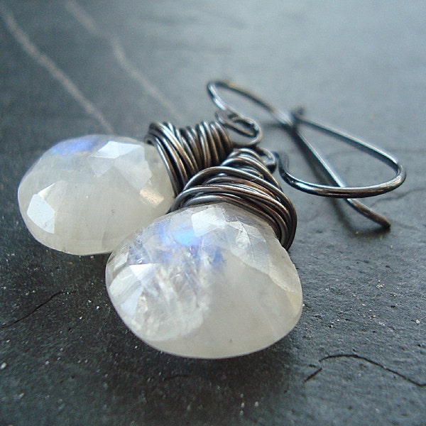 Rainbow Moonstone Faceted Briolette Oxidized Sterling Silver Wire Wrapped Dangle Earrings - Moonstruck